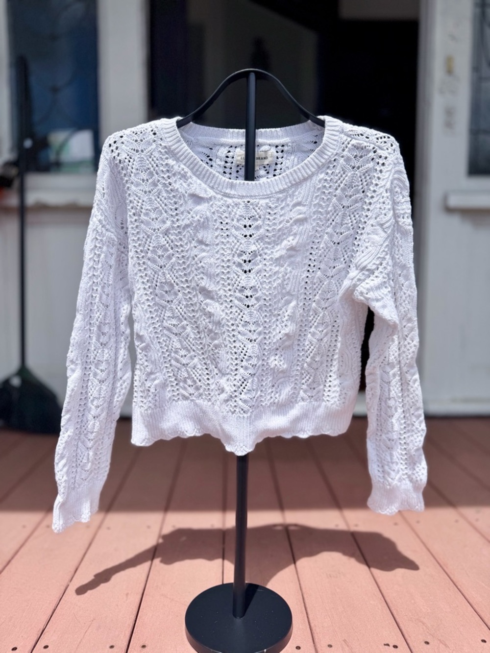 Lucky Brand White Crochet Knit Sweater Cropped Boho Coastal Cowgirl Size L